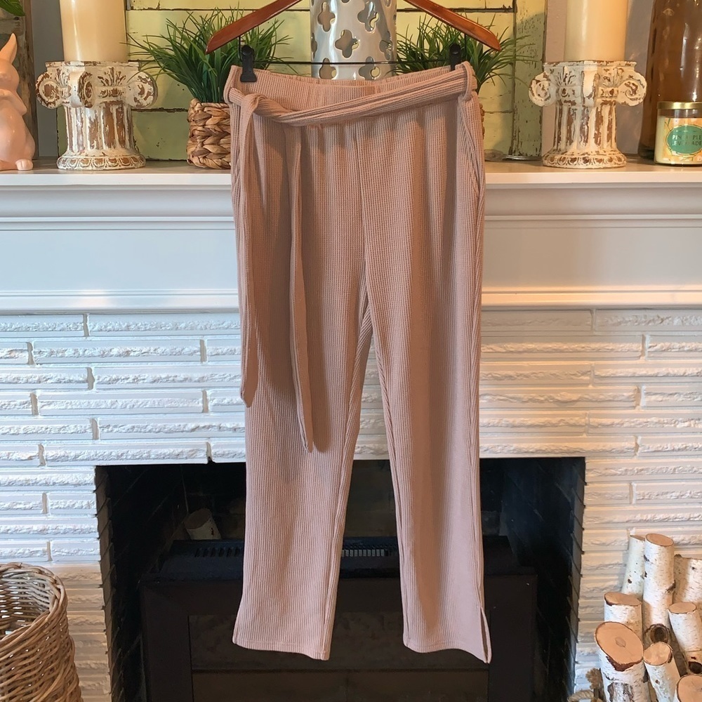 KITTENISH Tan High Waist Ribbed Casual Cropped Pants Tie Waist Size XL Pockets